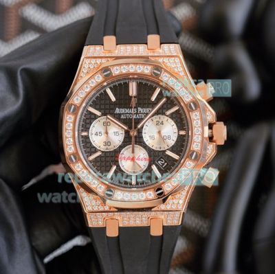 Copy Audemars Piguet Royal Oak Rose Gold Diamond Watch Black Chronograph Dial 42MM